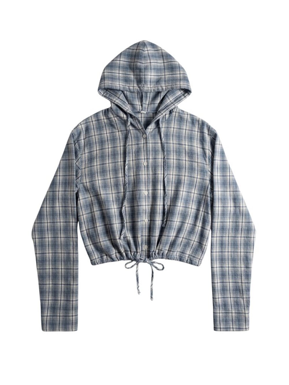 NWT | OLRAIN Blue Plaid Hooded Button Up Top Adjustable Tie Hem Hood | Large